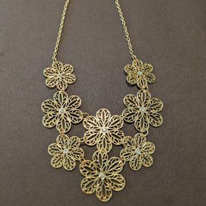 Long Gold Floral Statement Necklace with Small Rhinestone Accents